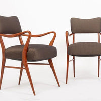Pair of Mid Century Modern Wood & Brown Upholstered Arm Chairs, 1950s