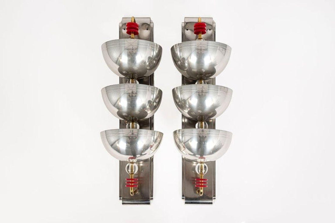 Antique Art Deco Large Silver Metal Wall Sconce Lamps, 34”