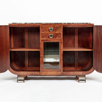French Art Deco Amboyna Burl Sideboard or Bar Cabinet with Marble Top, Circa 1930