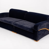 Antique Art Deco Navy Blue Velvet Sofa Couch 1940s