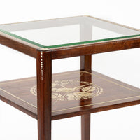Antique French Art Nouveau Small Handpainted Mahogany Wood & Glass Side Table