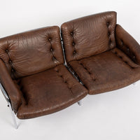 Vintage Mid Century Brown Leather Loveseat Sofa 1970s