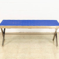 Mid Century Modern Chrome and Blue Strap Bench Milo Baughman Style