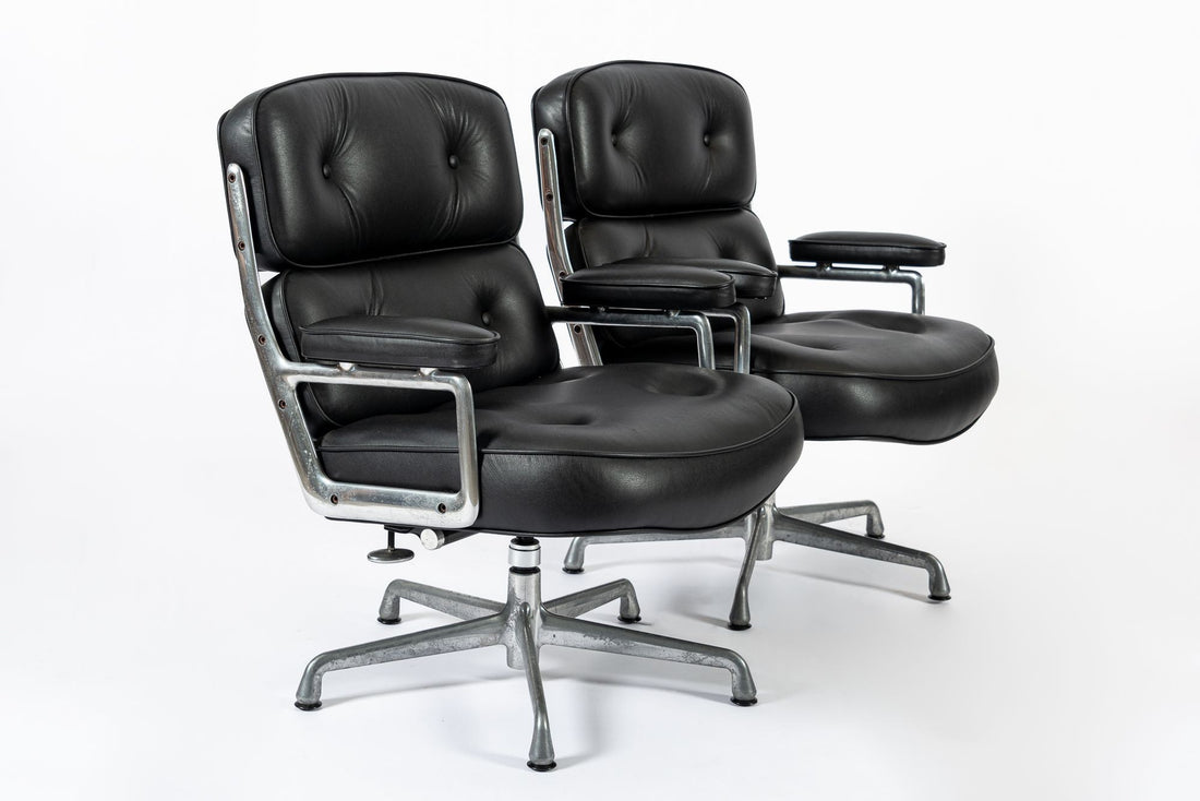 Pair Eames Herman Miller Time Life Black Leather Office Chairs