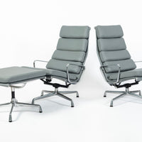 Pair Eames Soft Pad Recliners with Ottoman for Herman Miller, Gray Leather Aluminum Group