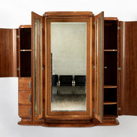 Antique Art Deco Elm Wood Mirrored Armoire Cabinet, 1940s