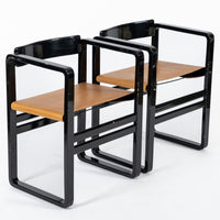 Mid Century Modern Black Lacquer and Brown Leather Arm Chairs 1970s