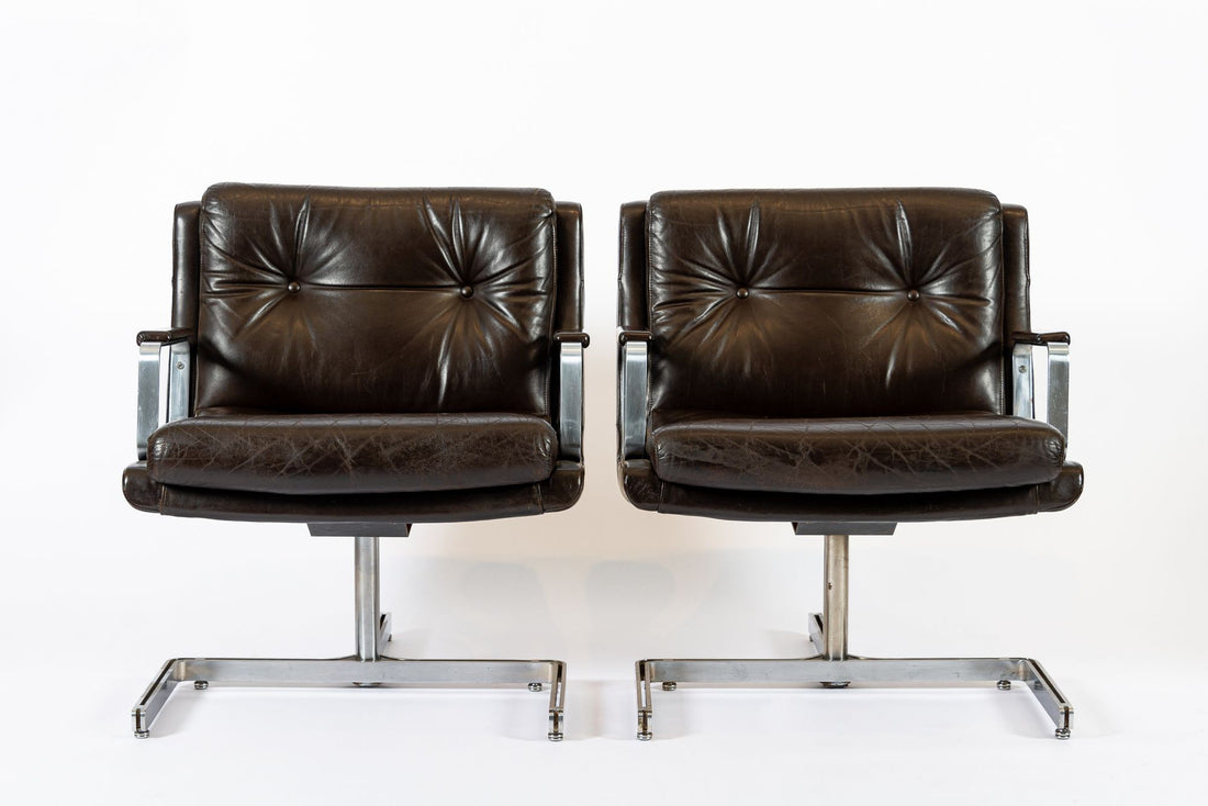 Mid Century French Brown Leather Lounge Chairs by Raphael Raffel 1970s
