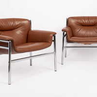 Mid Century Caramel Brown Leather Lounge Chairs by Stendig 1960s