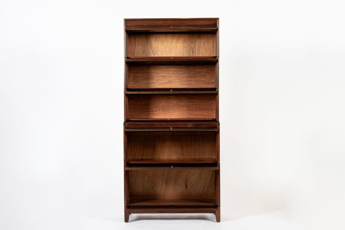 Antique English Tall Stepback Oak Wood Barrister Bookcase Cabinet
