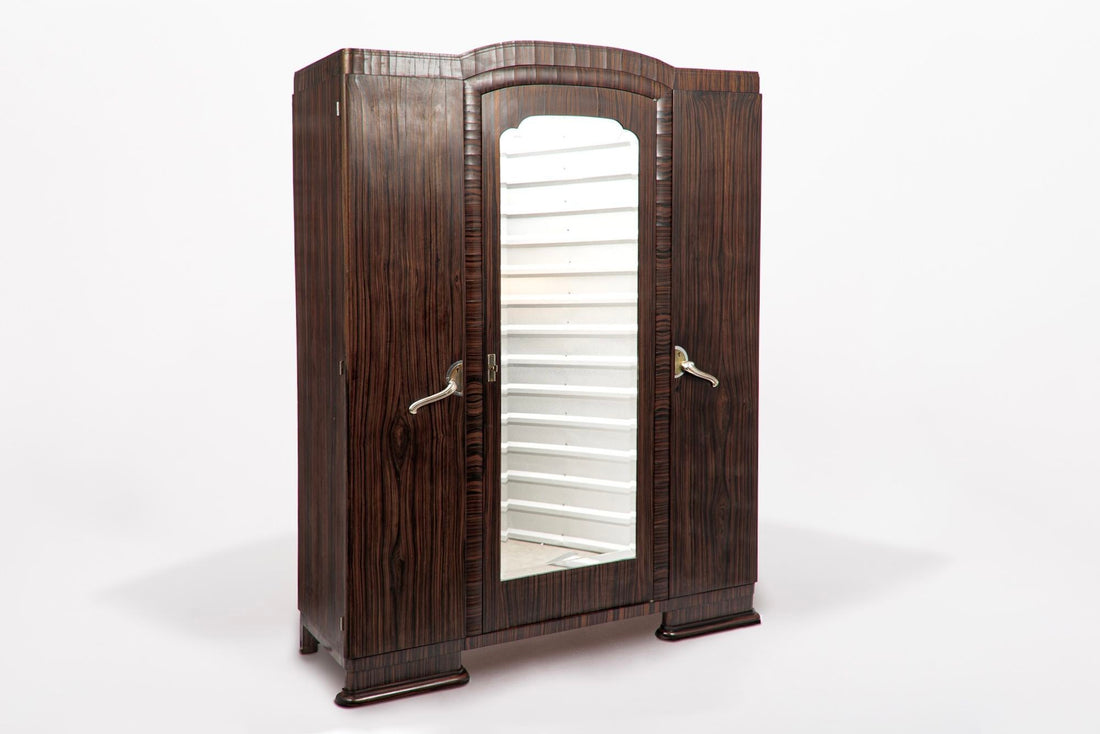 Antique French Art Deco Macassar Ebony Wood Wardrobe Armoire Cabinet, 1940s