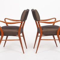 Pair of Mid Century Modern Wood & Brown Upholstered Arm Chairs, 1950s