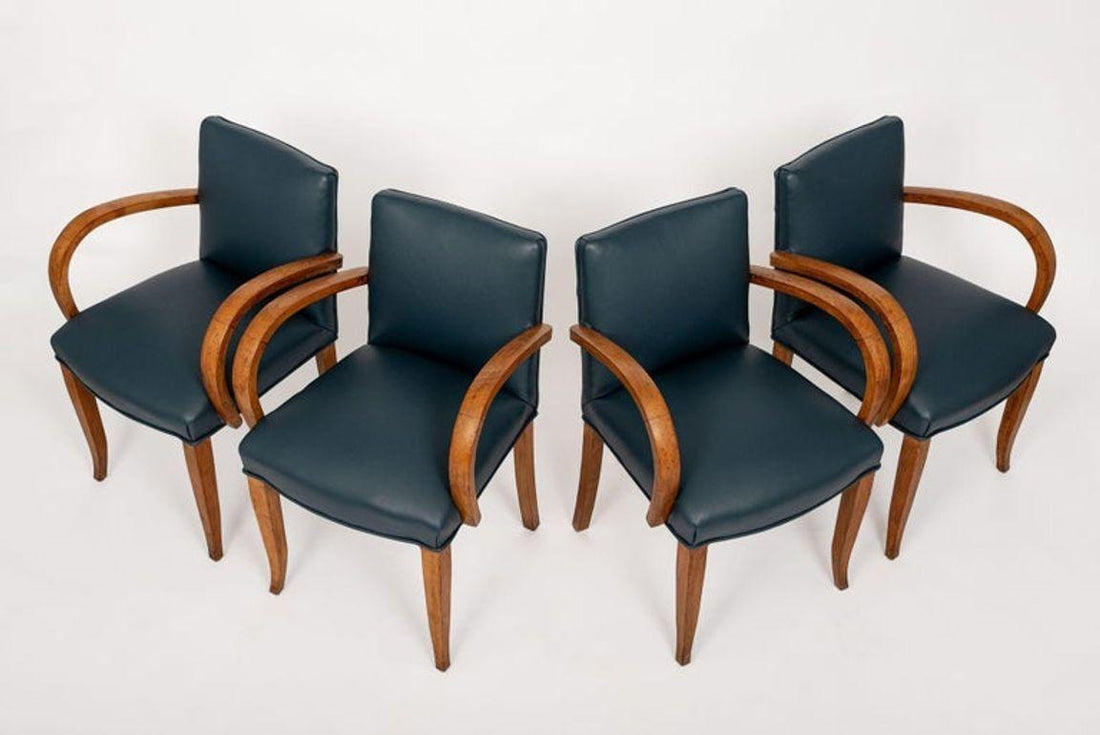 Antique Art Deco Maple Bentwood and Blue Leather Dining Chairs 1930s