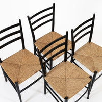 Vintage Mid Century Black Wood and Rush Wicker Dining Chairs