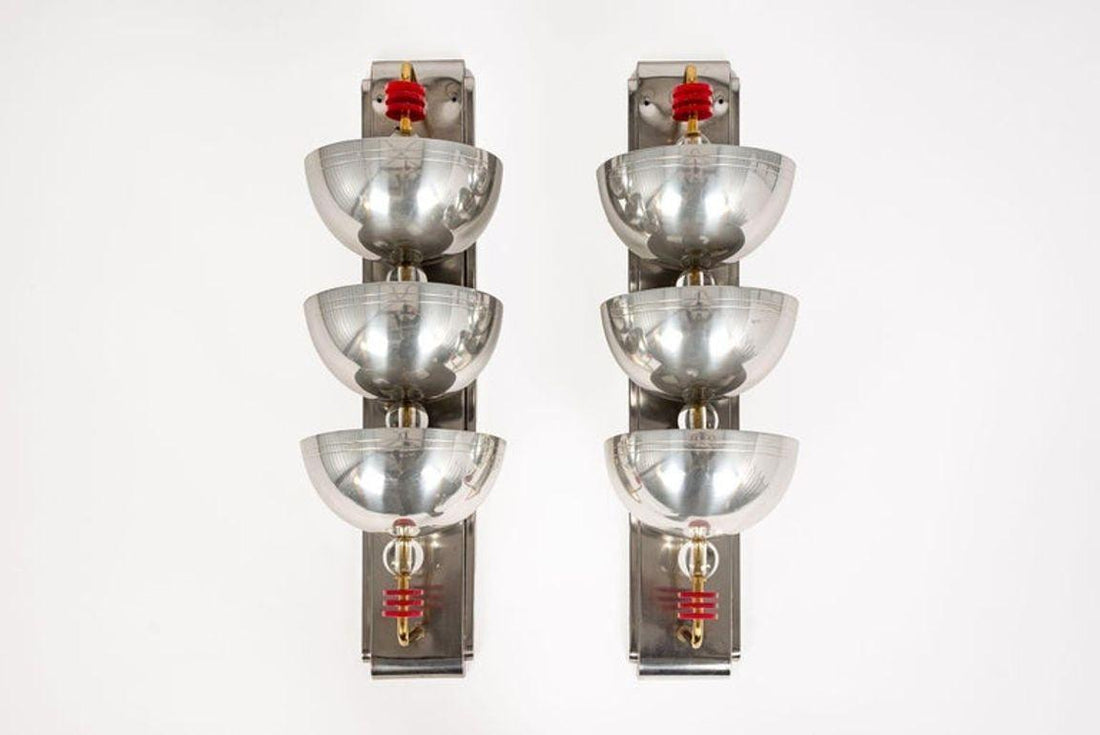 Antique Art Deco Large Silver Metal Wall Sconce Lamps, 34”