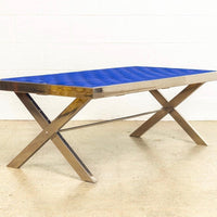 Mid Century Modern Chrome and Blue Strap Bench Milo Baughman Style