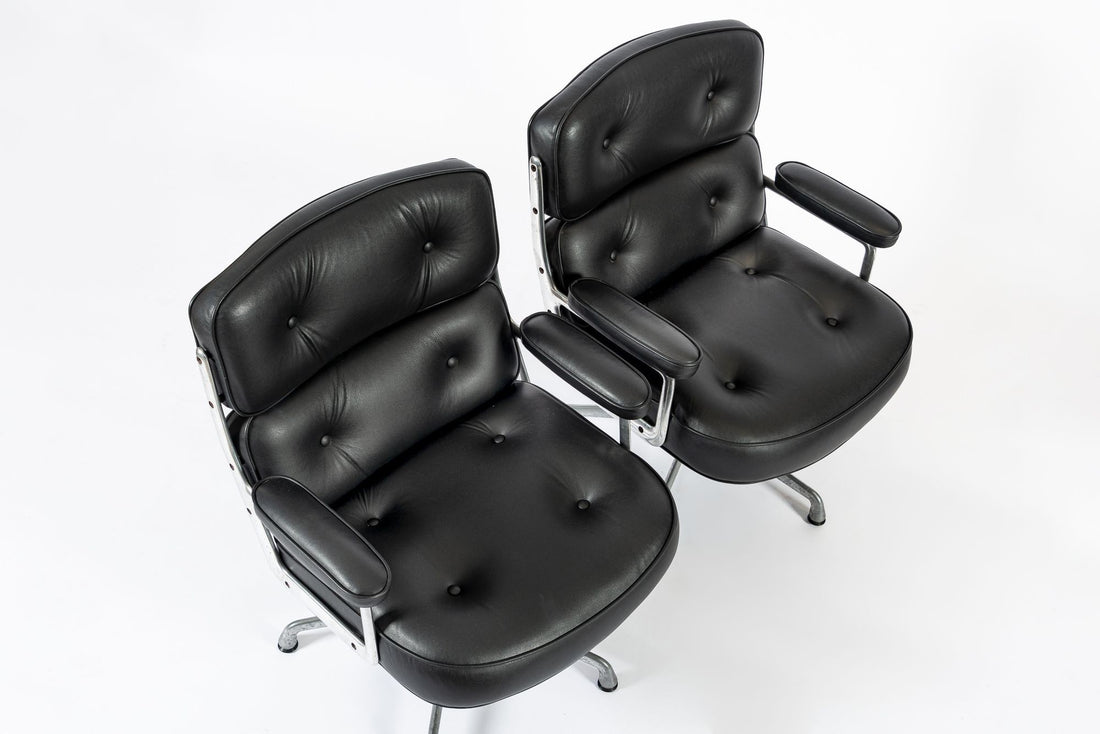 Pair Eames Herman Miller Time Life Black Leather Office Chairs
