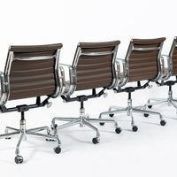 Set of 4 Eames Thin Pad Office Chairs for Herman Miller, Brown Leather Aluminum Group