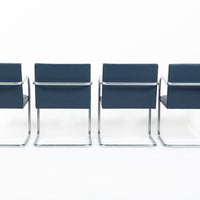 Mid Century Modern Blue Leather Brno Arm Chairs by Mies van der Rohe for Knoll, Set of 4