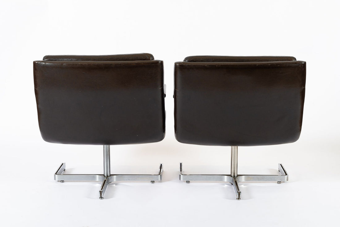 Mid Century French Brown Leather Lounge Chairs by Raphael Raffel 1970s