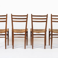 Vintage Rustic Modern Wood and Rush Wicker Dining Chairs, Set of 4