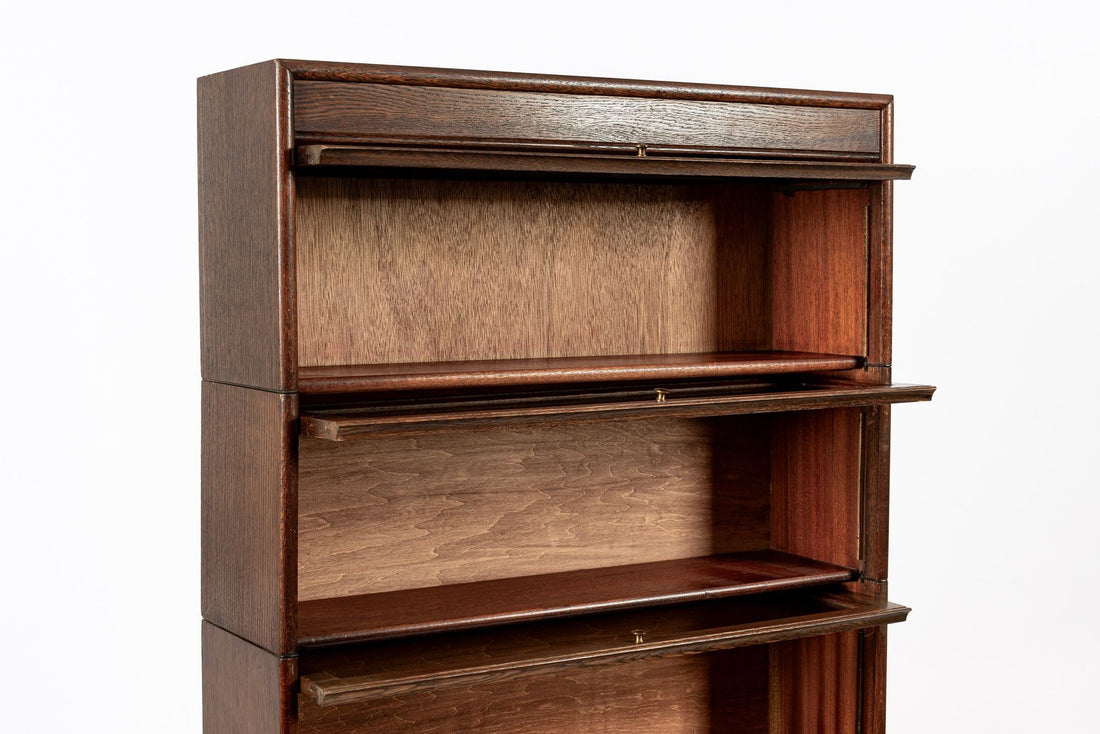 Antique English Tall Stepback Oak Wood Barrister Bookcase Cabinet