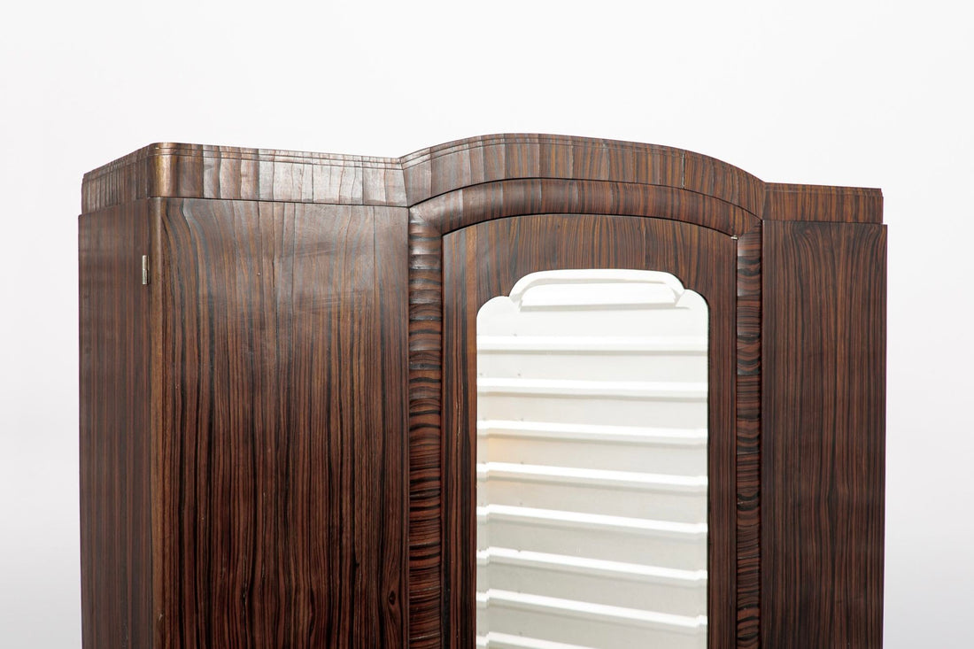 Antique French Art Deco Macassar Ebony Wood Wardrobe Armoire Cabinet, 1940s