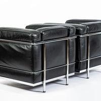 Pair of Cassina LC2 Black Leather Petit Lounge Chairs by Le Corbusier