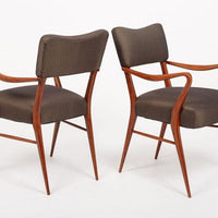 Pair of Mid Century Modern Wood & Brown Upholstered Arm Chairs, 1950s