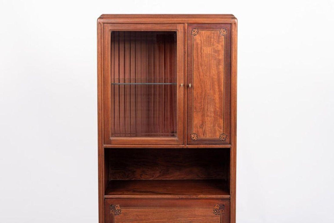 Antique Art Nouveau Inlaid Wooden Cabinet by Majorelle, France, Signed