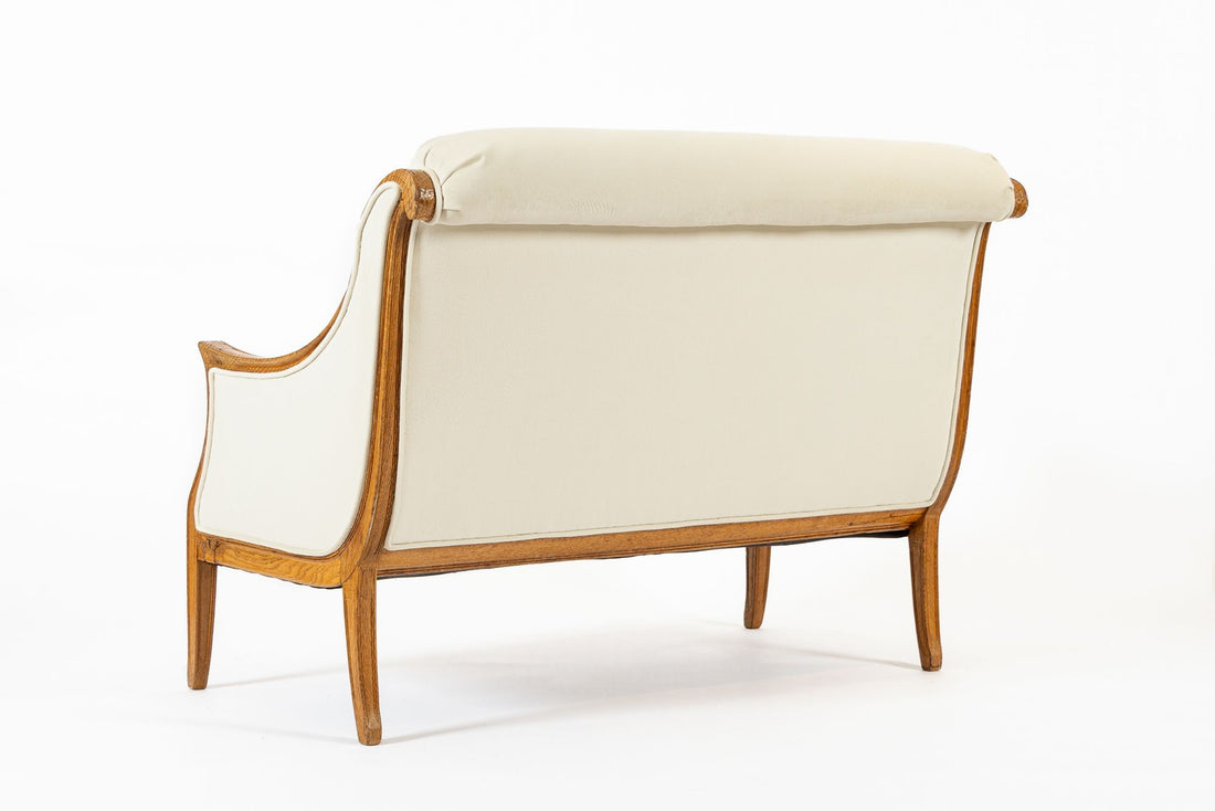 1940s Antique French Art Deco Two-Seat Loveseat Sofa Cream Upholstery