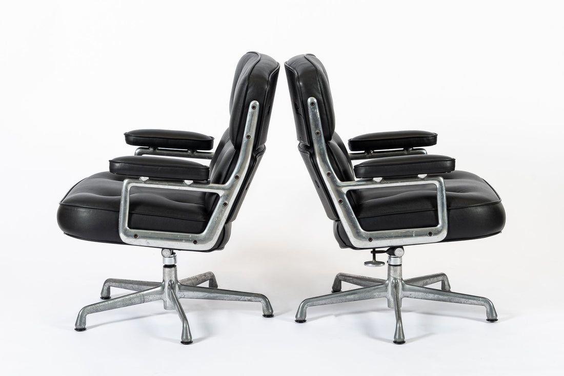 Pair Eames Herman Miller Time Life Black Leather Office Chairs