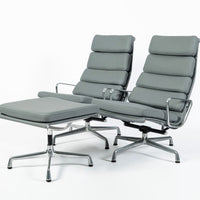Pair Eames Soft Pad Recliners with Ottoman for Herman Miller, Gray Leather Aluminum Group
