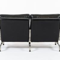 Vintage Postmodern Black Leather & Brushed Steel Loveseat Sofa, 1980s