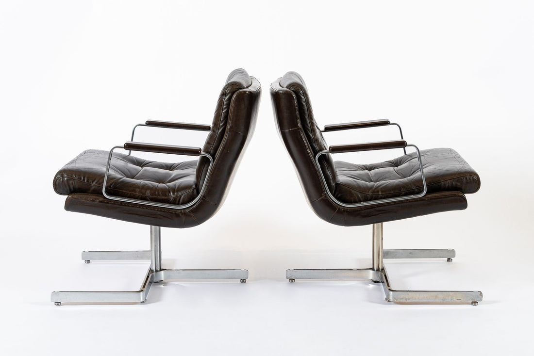 Mid Century French Brown Leather Lounge Chairs by Raphael Raffel 1970s