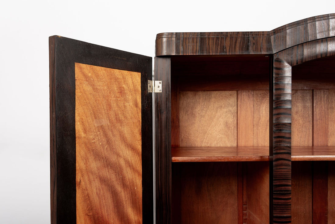 Antique French Art Deco Macassar Ebony Wood Wardrobe Armoire Cabinet, 1940s