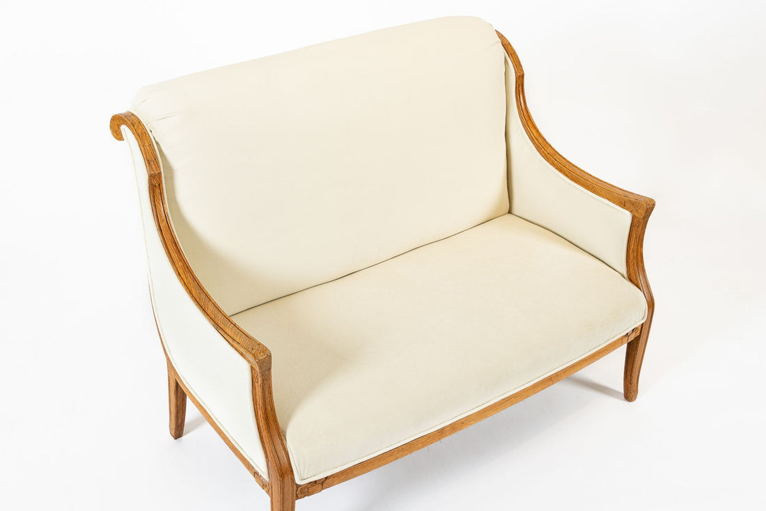 1940s Antique French Art Deco Two-Seat Loveseat Sofa Cream Upholstery