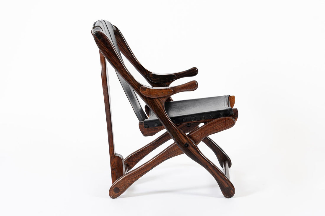 Mid Century Rosewood & Black Leather Folding Lounge Chair by Don Shoemaker