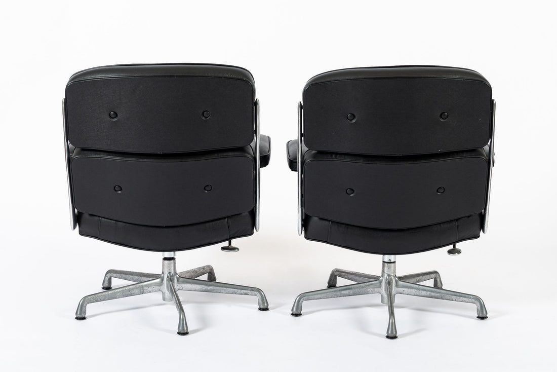Pair Eames Herman Miller Time Life Black Leather Office Chairs