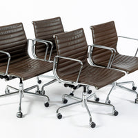 Set of 4 Eames Thin Pad Office Chairs for Herman Miller, Brown Leather Aluminum Group