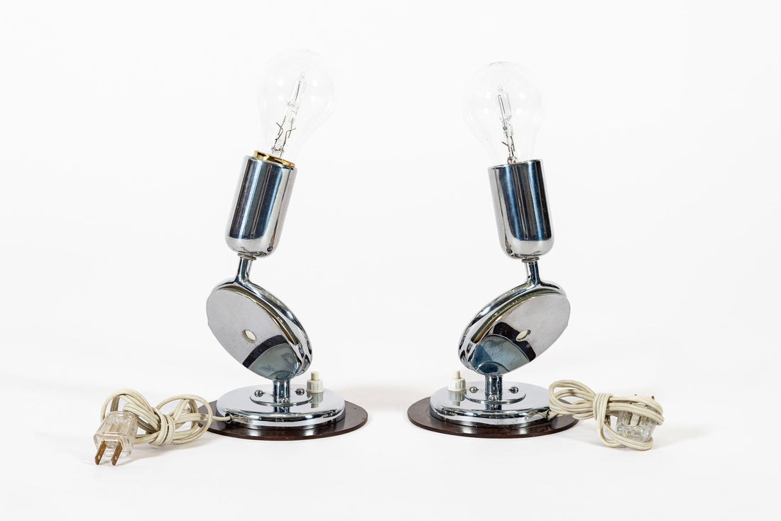 Pair Antique Art Deco Bauhaus Table Lamps with Glass Photo Inserts