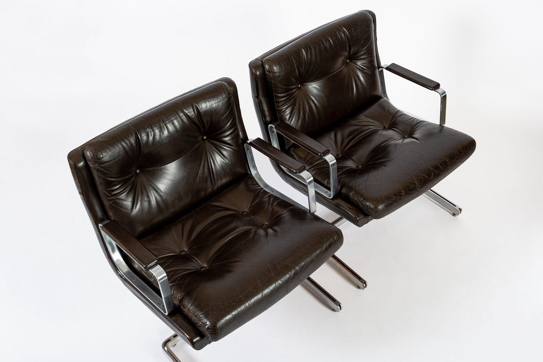 Mid Century French Brown Leather Lounge Chairs by Raphael Raffel 1970s
