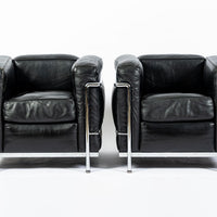 Pair of Cassina LC2 Black Leather Petit Lounge Chairs by Le Corbusier