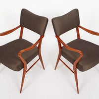 Pair of Mid Century Modern Wood & Brown Upholstered Arm Chairs, 1950s