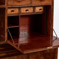 Antique Art Deco Burl Wood China Cabinet or Bar Cabinet with Drop-down Tabletop 1930s