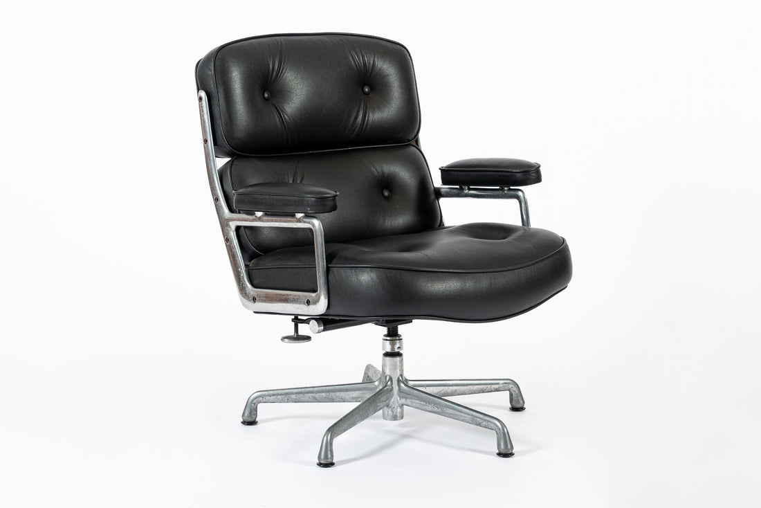 Pair Eames Herman Miller Time Life Black Leather Office Chairs