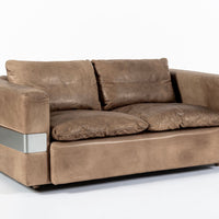 Mid Century German Distressed Brown Leather Sofa in the Style of Robert Haussmann