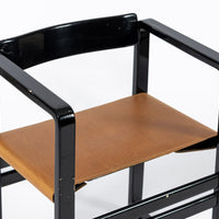 Mid Century Modern Black Lacquer and Brown Leather Arm Chairs 1970s