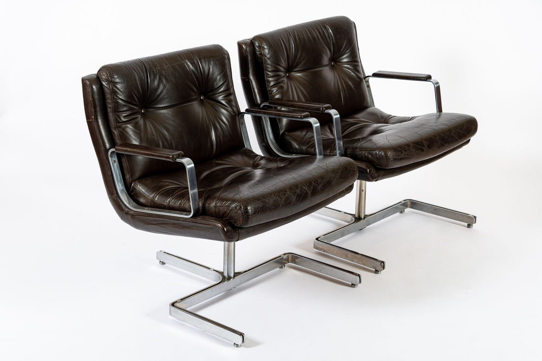 Mid Century French Brown Leather Lounge Chairs by Raphael Raffel 1970s