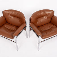 Mid Century Caramel Brown Leather Lounge Chairs by Stendig 1960s
